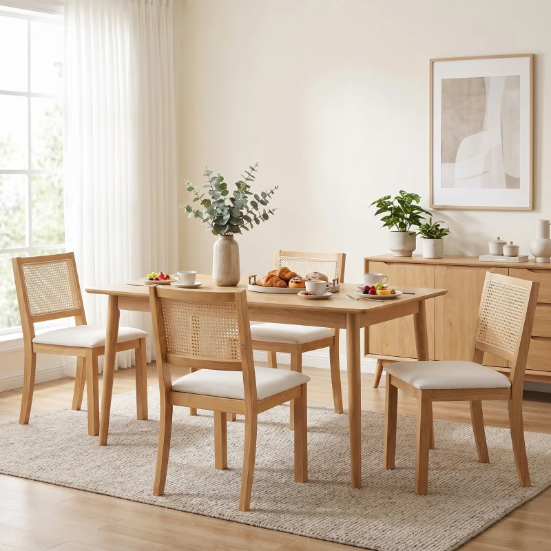 HOMCOM Set 2 sedie da pranzo con seduta imbottita e schienale effetto rattan, Rovere e Crema