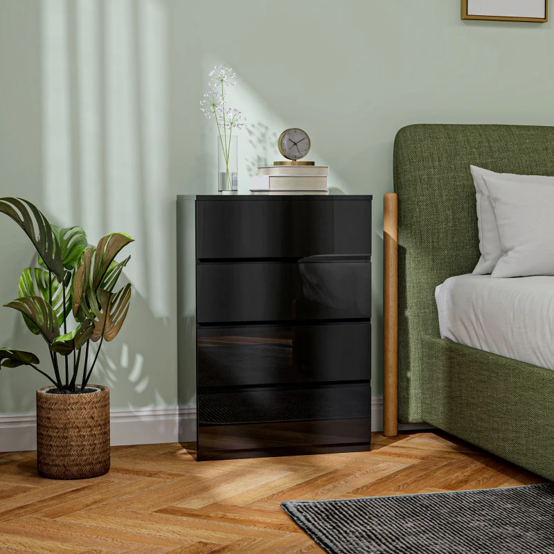 HOMCOM Kommode mit 4 Schubladen aus Holz, moderne und vielseitige Schlafzimmerkommode, 55x33x80 cm, Schwarz