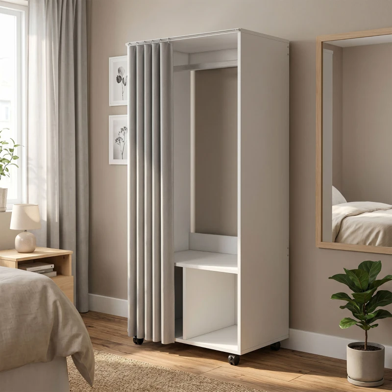 HOMCOM Armoire penderie armoire de rangement mobile avec rideau, tringle de suspension, 60 x 40 x 128 cm, blanc