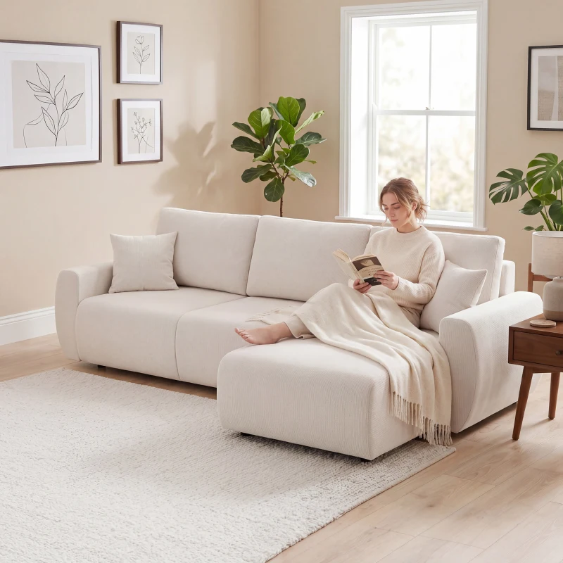 HOMCOM Schlafsofa mit Umkehrbarer Chaiselongue, L-förmiges 3-Sitzer Sofa aus Veloursbezug, Cremeweiß