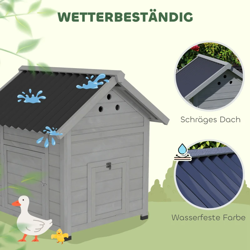 PawHut Entenhuis Entenstall Klein Dierhuis, weerbestendig, 2 ingangen, 2 hellingen, 78 x 90 x 92 cm, Lichtgrijs + Zwart