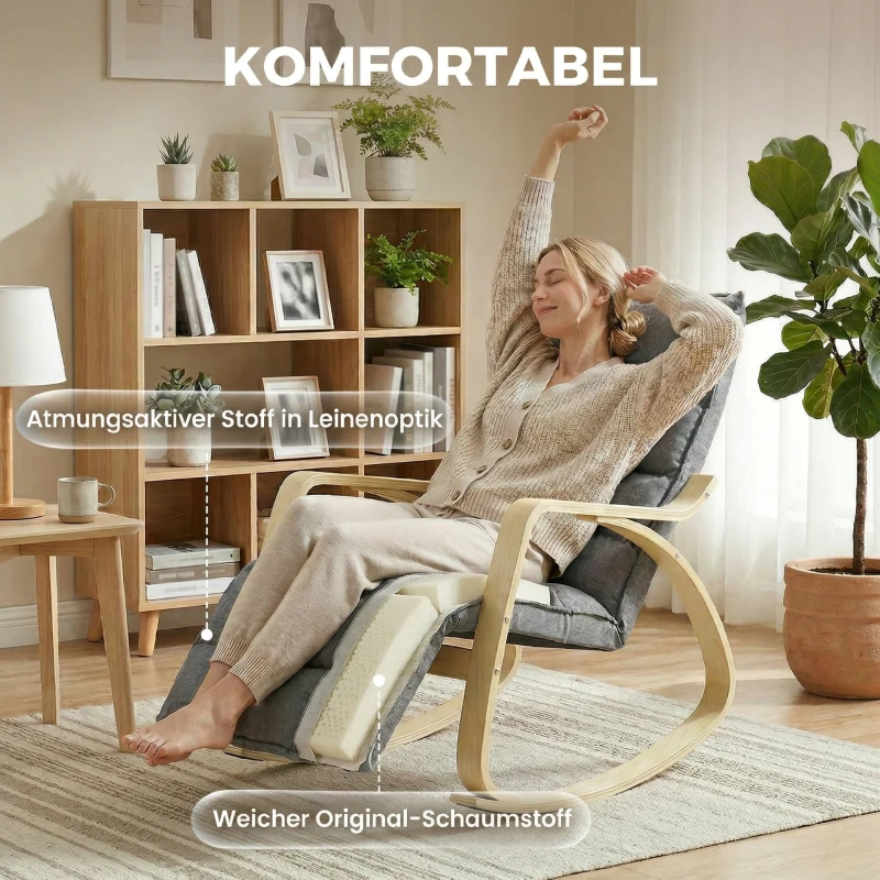 HOMCOM Schaukelstuhl mit verstellbarer Fußstütze, gepolsterter Relaxstuhl, Grau