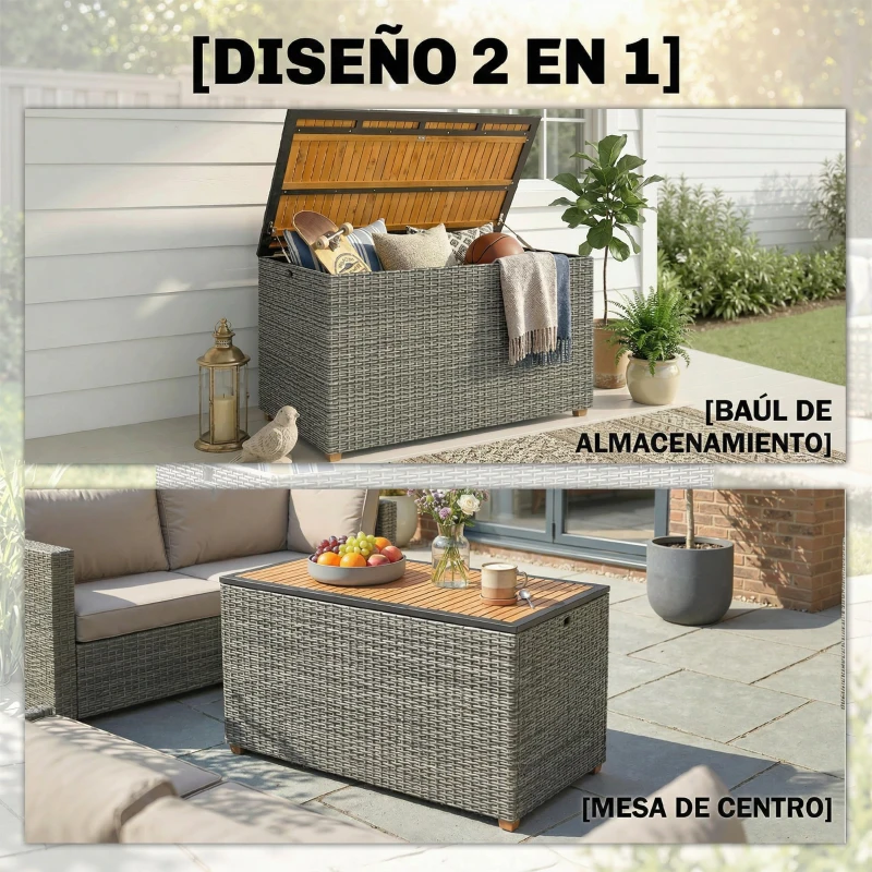Outsunny Caja de Jardín 450 L Polyrattan Impermeable Caja para Cojines con Tapa de Madera FSC y Pistones de Gas Forro Interior