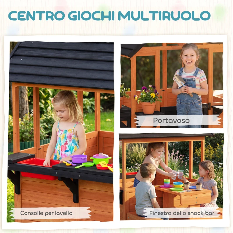 AIYAPLAY Casetta da Giardino per Bambini in Legno con Tavolino e Panche, 166.3x112.5x139.7 cm, Marrone Chiaro e Nero