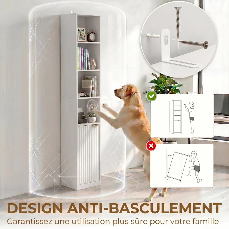 HOMCOM Bibliothèque, Étagère à 6 Niveaux, 30 x 24 x 182 cm, Meuble de Rangement avec Placard et Étagère Réglable, Blanc