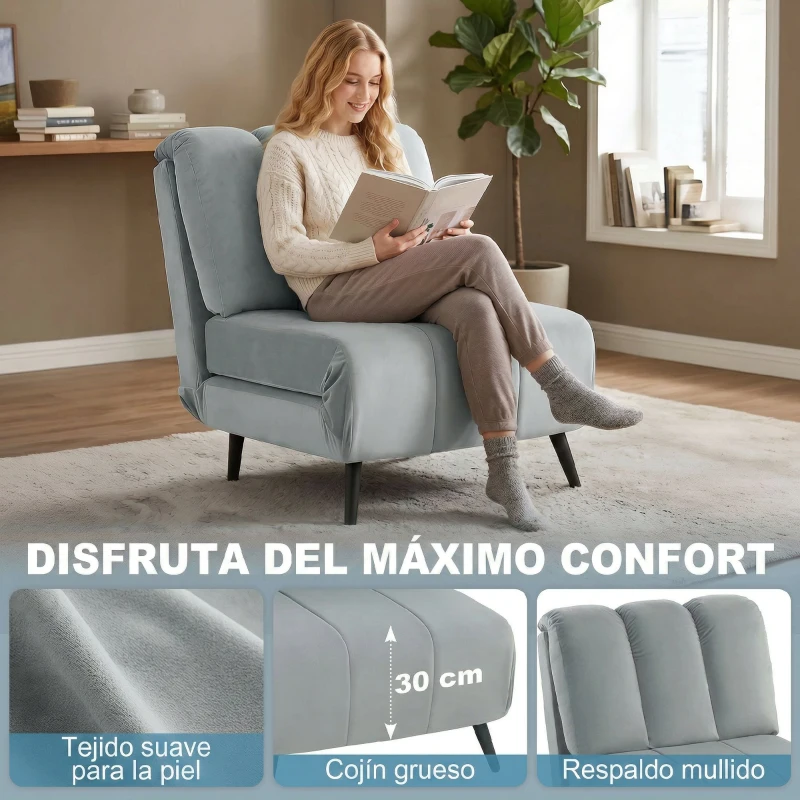 HOMCOM Sillón Cama Individual 3 en 1 Sofá Cama Plegable con Respaldo Ajustable y Cojín Grueso para Salón 72x88x87 cm Gris