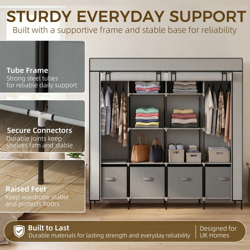 HOMCOM Fabric Wardrobe for Bedroom, Portable Cloth Wardrobe with 10 Compartments, 2 Hanging Rails and 4 Fabric Drawers, 166 x 42.5 x 169.5cm, Dark Grey