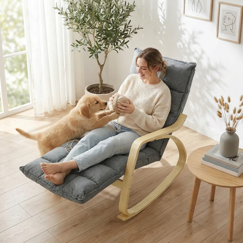 HOMCOM Schaukelstuhl mit verstellbarer Fußstütze, gepolsterter Relaxstuhl, Grau