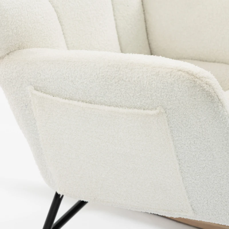 HOMCOM Rocking Chair, Teddy Fleece Rocker Chair with Tufted Wingback, Side Pockets, Rubber Wood Legs, Cream White