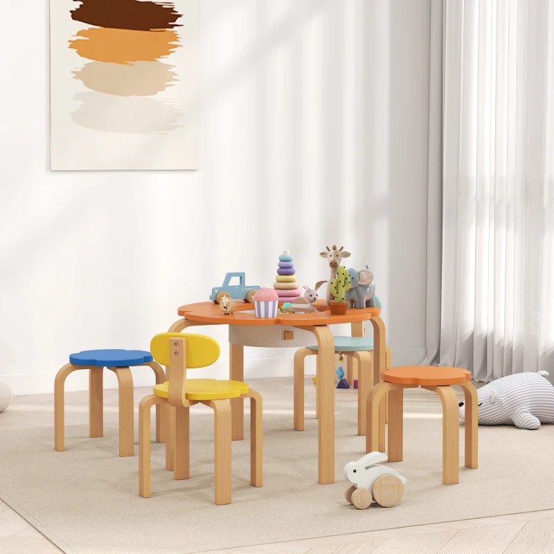 AIYAPLAY 5-teiliges Kindertisch- und Stuhl-Set, mit Aufbewahrungstasche, Blumenform, für Spielzimmer, Kinderzimmer, Holz, Bunt