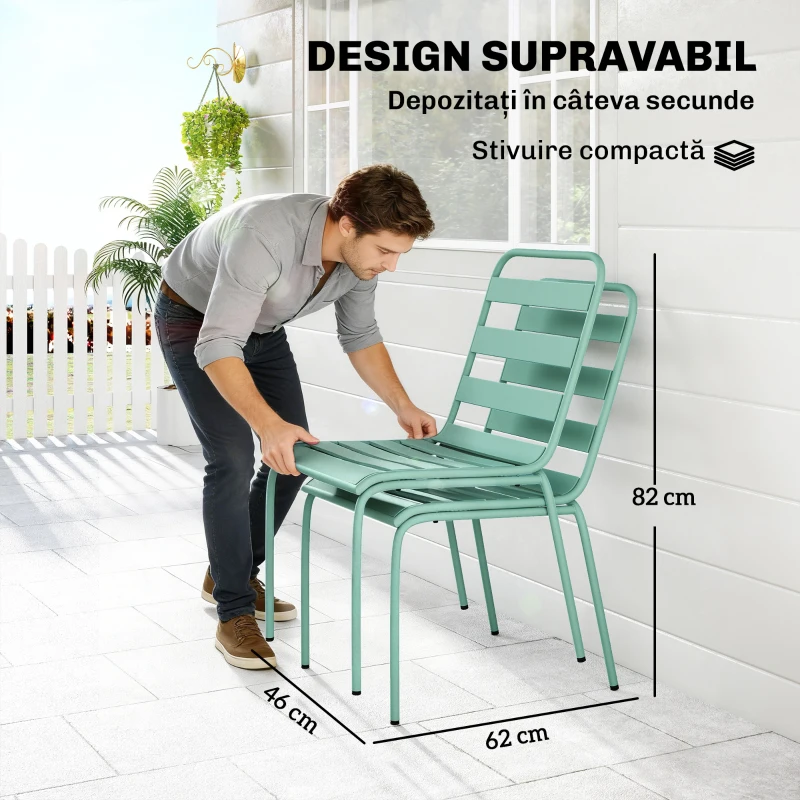 Outsunny Set de 2 Scaune Stivuibile din Metal, pentru Terasă și Grădină, Verde