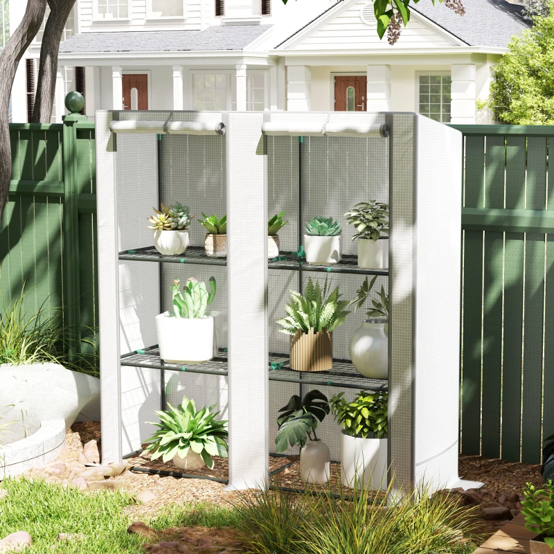 Outsunny Serra da Giardino con 2 Porte Avvolgibili, Scaffale a 3 Ripiani e Tasche Laterali, Bianco e Grigio