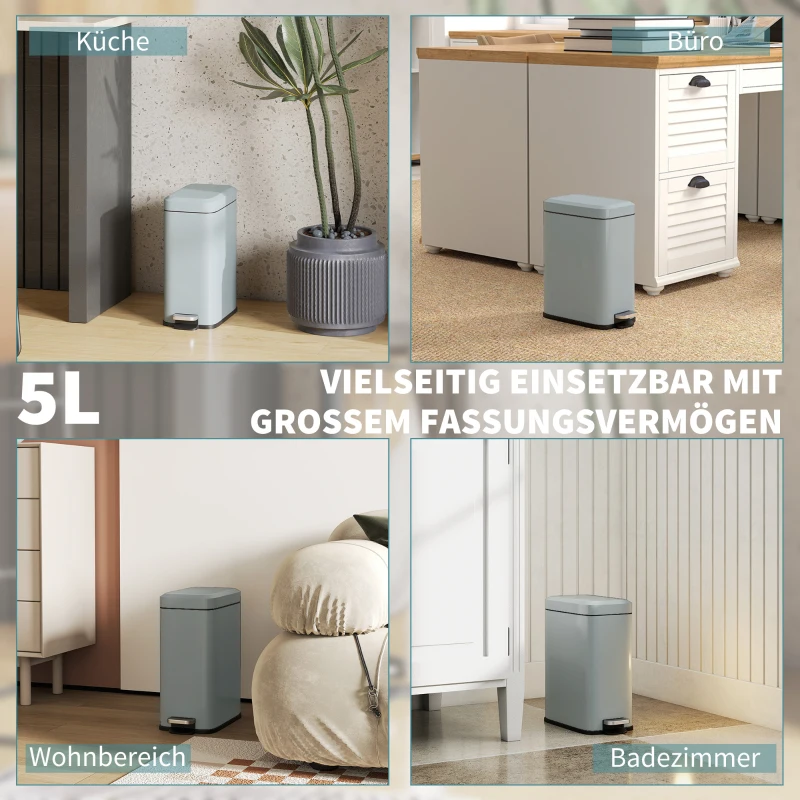 HOMCOM Metalen prullenbak, afvalbak, inhoud van 5 liter, met voetpedaal, met binnenemmer, grijs