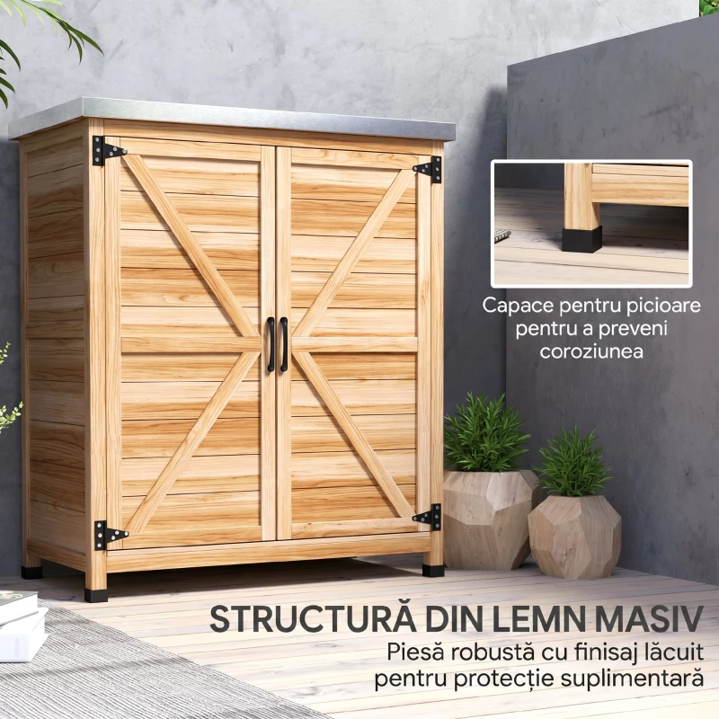 Outsunny Dulap Exterior cu Raft Intern și Banc de Lucru, din Lemn și Oțel Zincat, 79x43x92 cm, culoare lemn