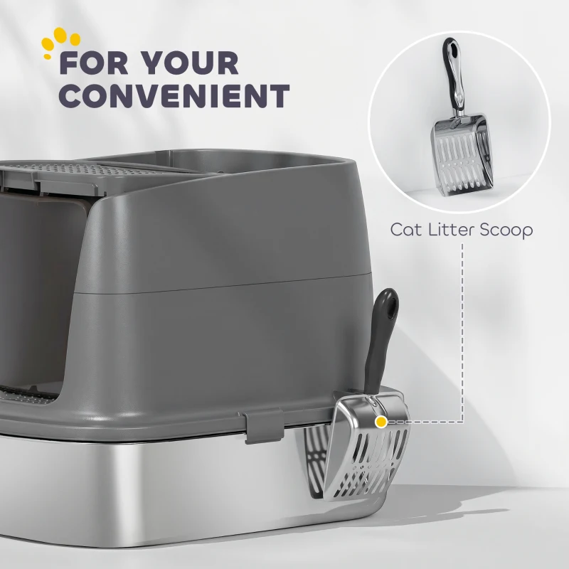 PawHut Large Stainless Steel Litter Box, Enclosed Metal Cat Litter Tray with Scoop, Deodoriser Bag, Front-Entry and Top-Exit