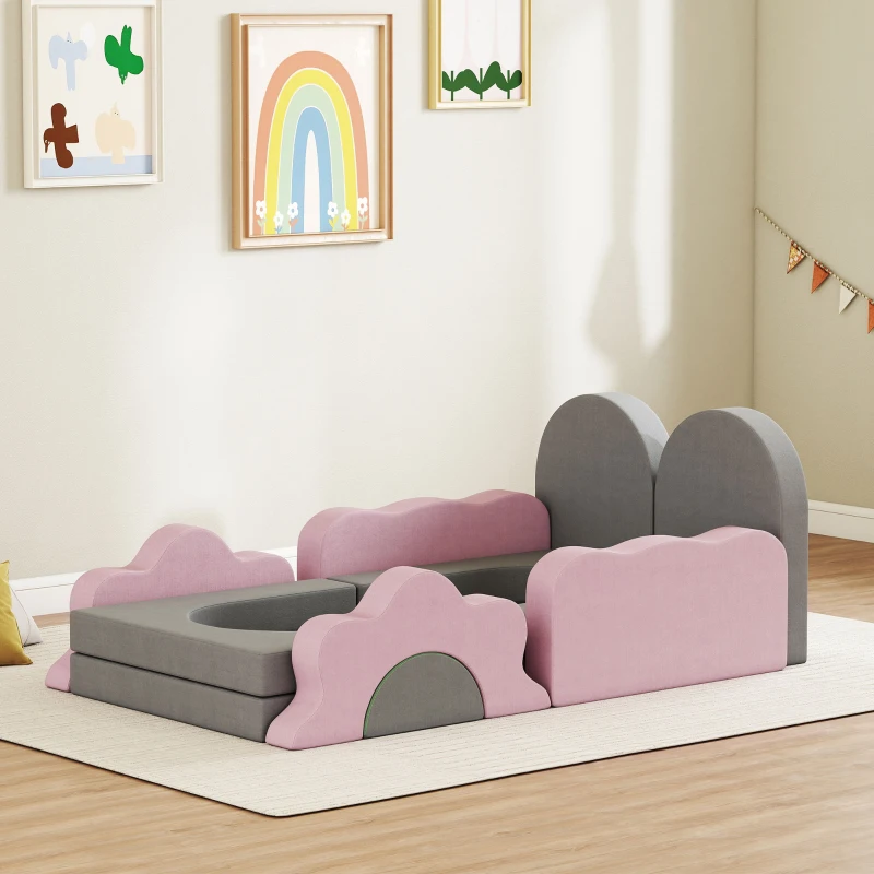 AIYAPLAY 12-teiliges Set Schaumstoffblöcke zum Klettern, Bauen, Krabbeln, Indoor-Spielmatten mit Cordbezug, Grau+Rosa