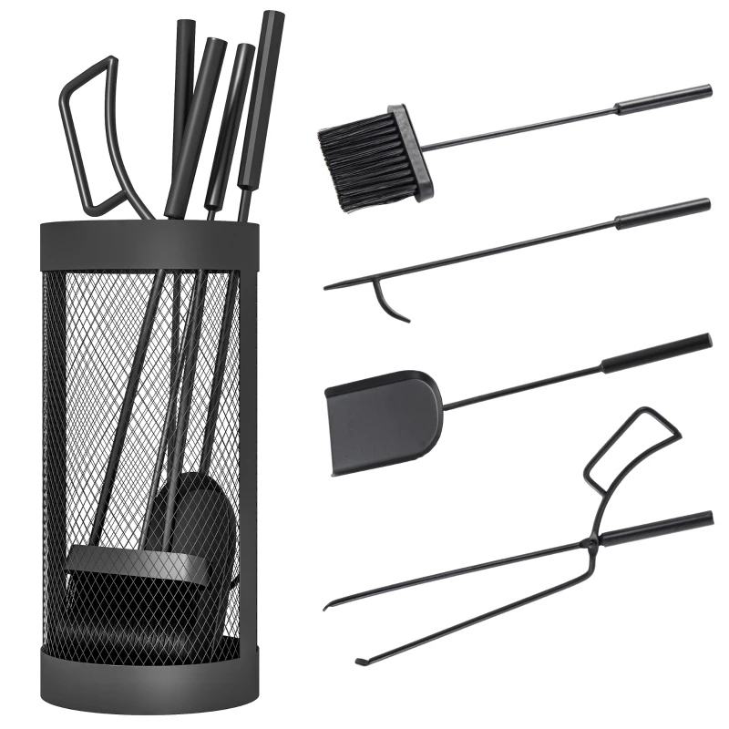 Outsunny 5-delig Openhaardgereedschap, Bezem, Schep, Tang, Pook en Mand, Brandbestendig Metaal, Zwart