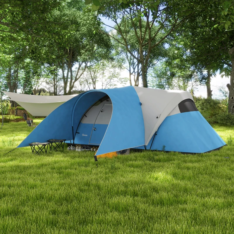 Outsunny 3000mm Waterproof Camping Tent for 7 Man, Family Tent with Porch and Sewn in Groundsheet, Portable with Bag, Blue
