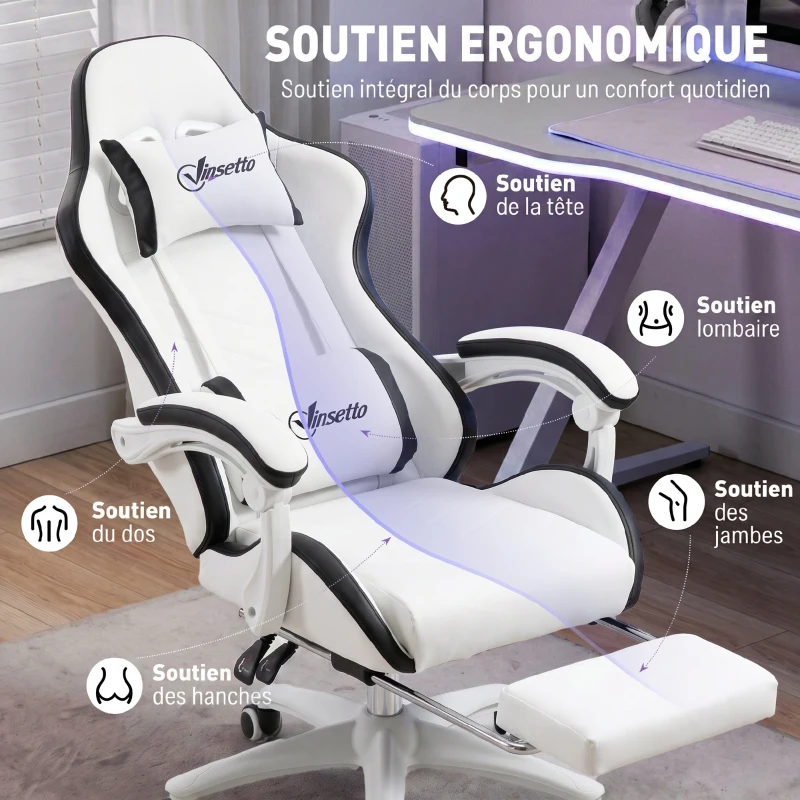 Vinsetto Siège gaming fauteuil gaming dossier inclinable 135° avec appui-tête repose-pieds 65l x 65P x 121-129H cm blanc et noir