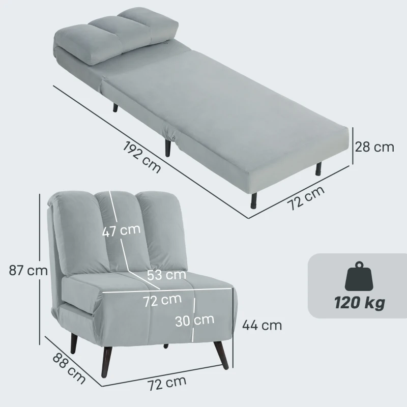 HOMCOM Sillón Cama Individual 3 en 1 Sofá Cama Plegable con Respaldo Ajustable y Cojín Grueso para Salón 72x88x87 cm Gris