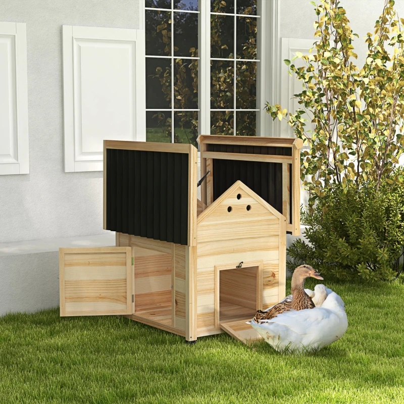 PawHut Wooden Duck House with Double Doors, Openable Roof, Ventilation Holes, Removable Base, Natural Wood Finish