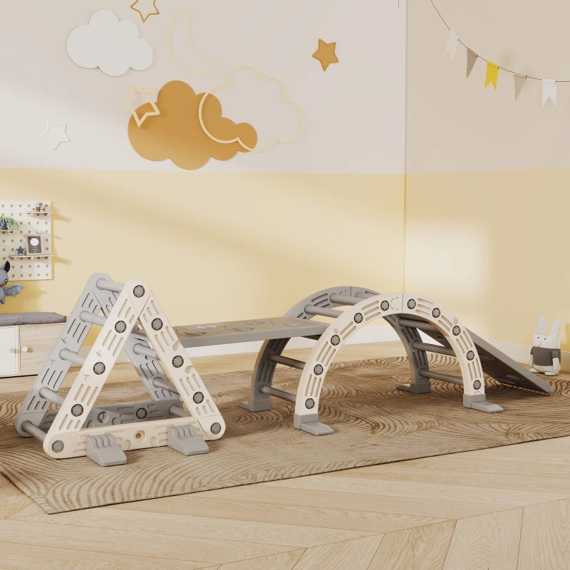 AIYAPLAY 5 in 1 Klettergerüst Montessori Indoor, Kletterdreieck mit Rutsche, Kletterbogen, doppelseitige Rampe, Spielplatz Indoor für Kinder 18-48 Monate, Grau+Weiß