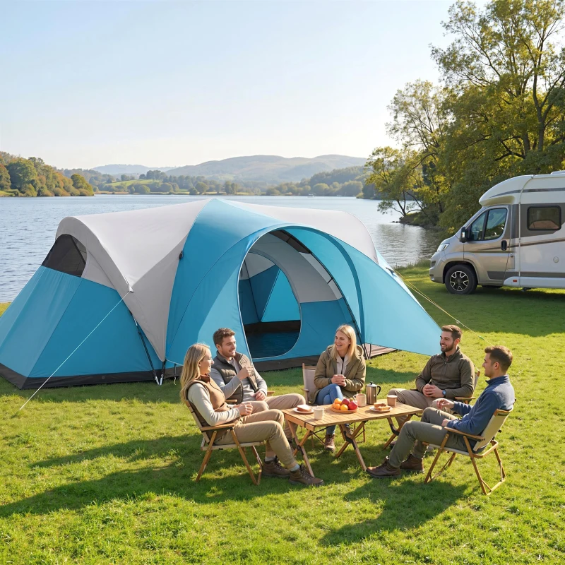Outsunny 3000mm Waterproof Camping Tent for 7 Man, Family Tent with Porch and Sewn in Groundsheet, Portable with Bag, Blue