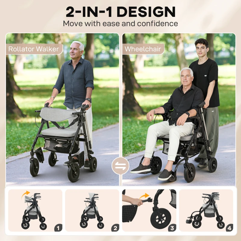 HOMCOM Rollator Walker Wheelchair, with Seat - Grey