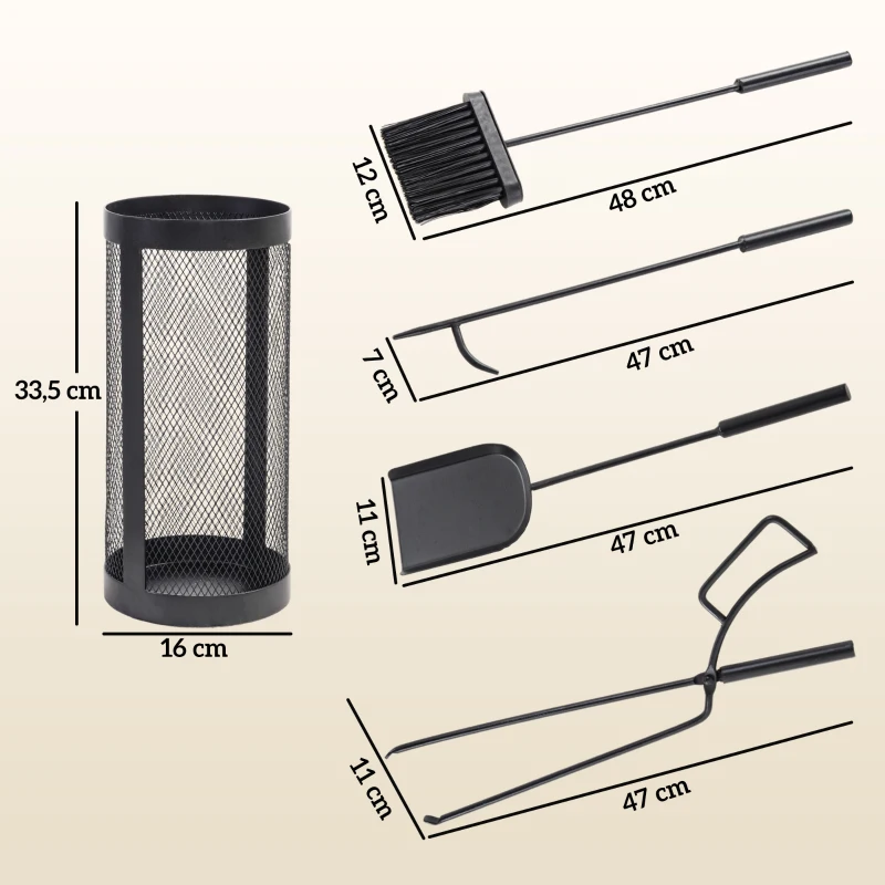 Outsunny 5-delig Openhaardgereedschap, Bezem, Schep, Tang, Pook en Mand, Brandbestendig Metaal, Zwart