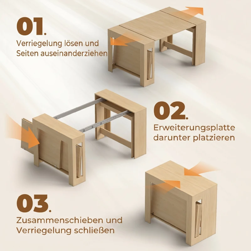 HOMCOM Uitschuifbare eettafel voor kleine ruimtes, om te bouwen tot console, zitplaatsen voor 10 personen, houtlook lichtbruin