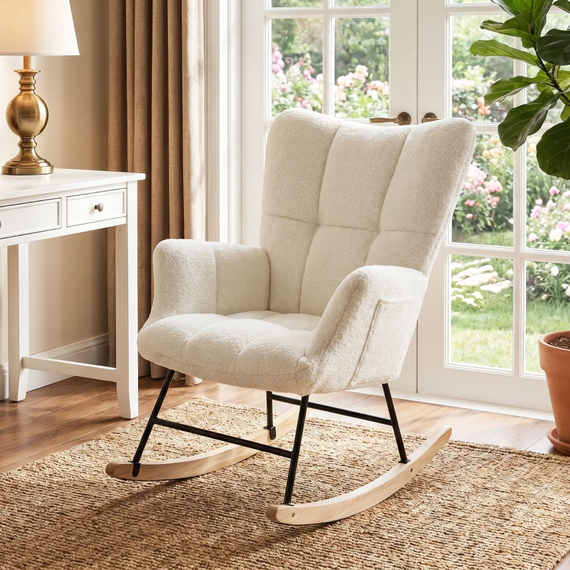 HOMCOM Rocking Chair, Teddy Fleece Rocker Chair with Tufted Wingback, Side Pockets, Rubber Wood Legs, Cream White
