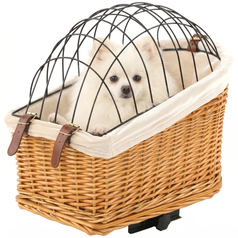 PawHut Fahrradkorb für Hunde & Katzen, Handgeflochtener Tierkorb mit Metallabdeckung & weichem Kissen, Hellbraun