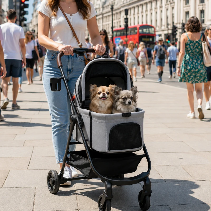 PawHut Dog Stroller, 3 in 1 Foldable Pet Stroller for Small Puppy Cat with Detachable Travel Carrier, Storage Basket, Grey