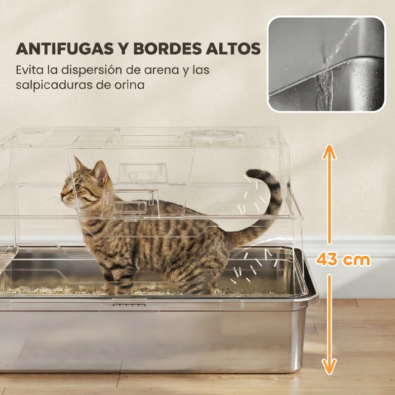 PawHut Arenero XXL de Acero Inoxidable de 130L con Tapa Abatible de 180° Laterales Altos con Pala y Pedal 70x50x43 cm Gris