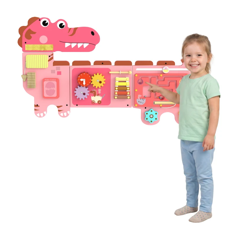 AIYAPLAY Busy Board Panels, Wall Mounted Montessori Inspired Busy Board, Toddler Learning Centre Dinosaur Theme, Pink