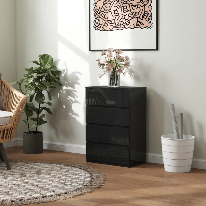 HOMCOM Kommode mit 4 Schubladen aus Holz, moderne und vielseitige Schlafzimmerkommode, 55x33x80 cm, Schwarz