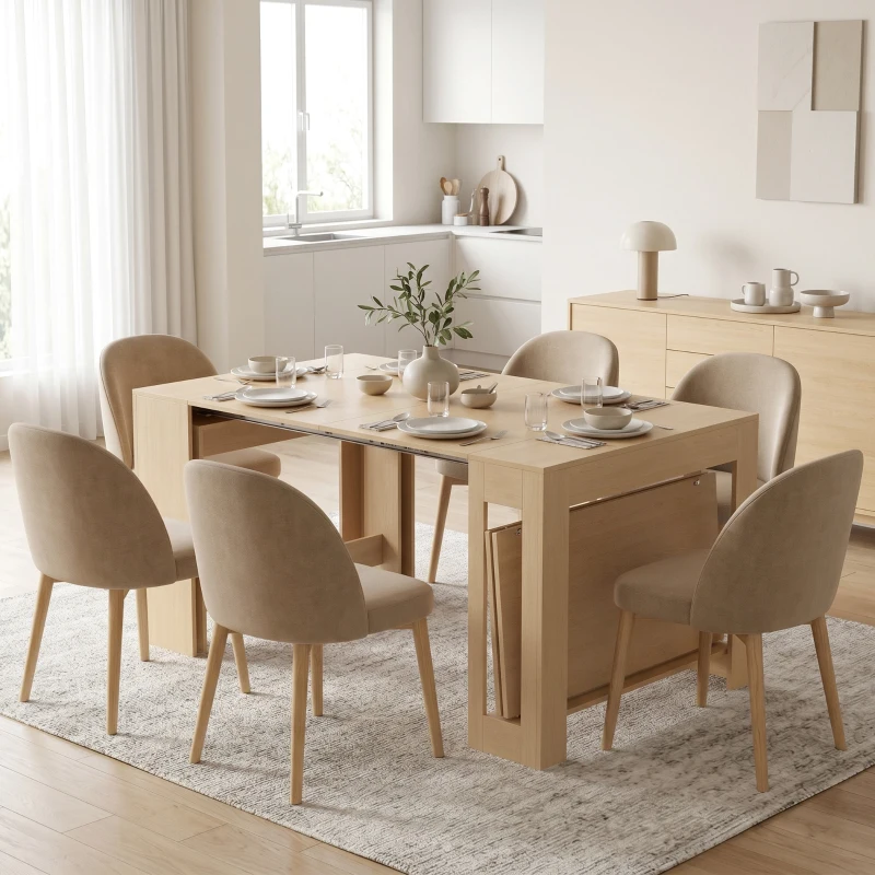 HOMCOM Uitschuifbare eettafel voor kleine ruimtes, om te bouwen tot console, zitplaatsen voor 10 personen, houtlook lichtbruin