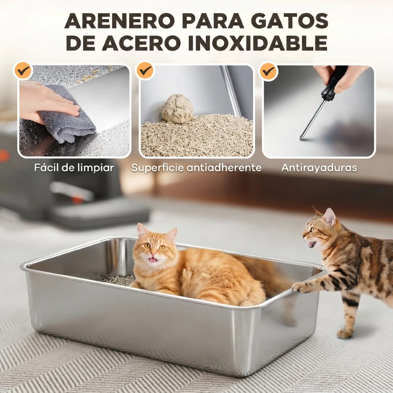 PawHut Arenero XXL de Acero Inoxidable de 130L con Tapa Abatible de 180° Laterales Altos con Pala y Pedal 70x50x43 cm Gris