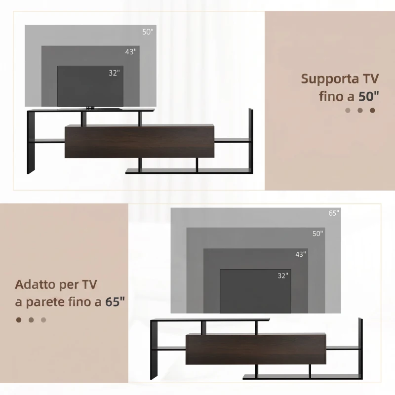 HOMCOM Mobile TV con mensola a muro, ripiani e armadietto, Nero e Marrone scuro