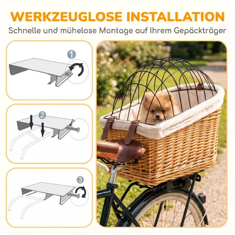 PawHut Fahrradkorb für Hunde & Katzen, Handgeflochtener Tierkorb mit Metallabdeckung & weichem Kissen, Hellbraun