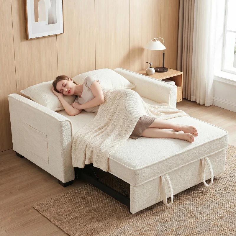 HOMCOM Sofá Cama 2 Plazas 3 en 1 con Respaldo Ajustable Bolsillos Laterales 2 Almohadas para Sala de Estar Blanco Crema