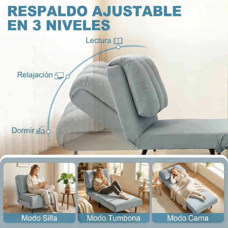HOMCOM Sillón Cama Individual 3 en 1 Sofá Cama Plegable con Respaldo Ajustable y Cojín Grueso para Salón 72x88x87 cm Gris