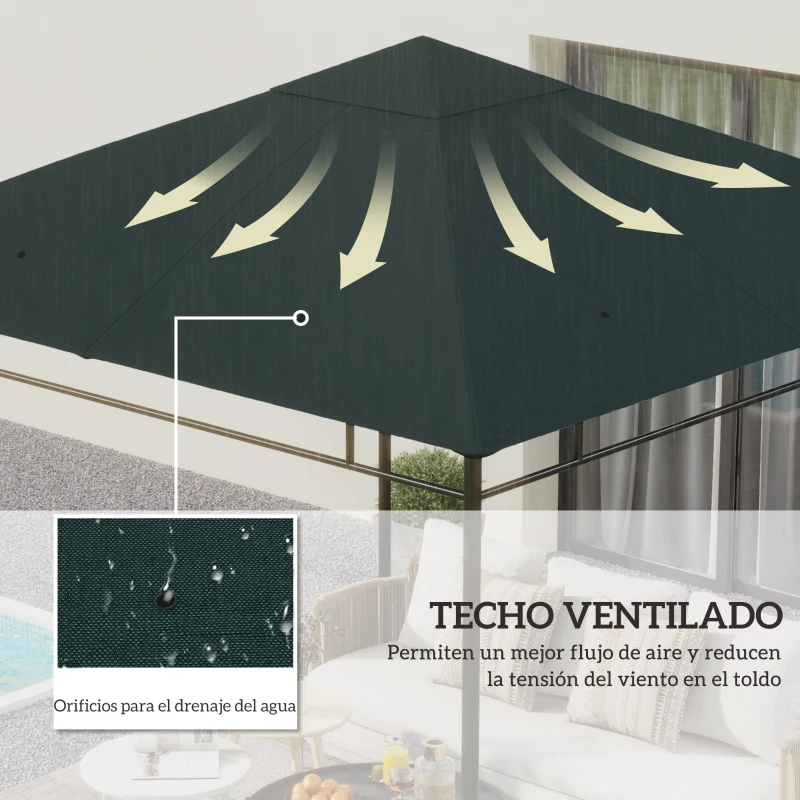 Outsunny Techo de Repuesto para Cenador, 3x3 m, Cubierta de Repuesto con 8 Orificios de Drenaje, Ventilación y Protección UV, SOLO Toldo de Recambio para Pabellón Gazebo, Verde Oscuro