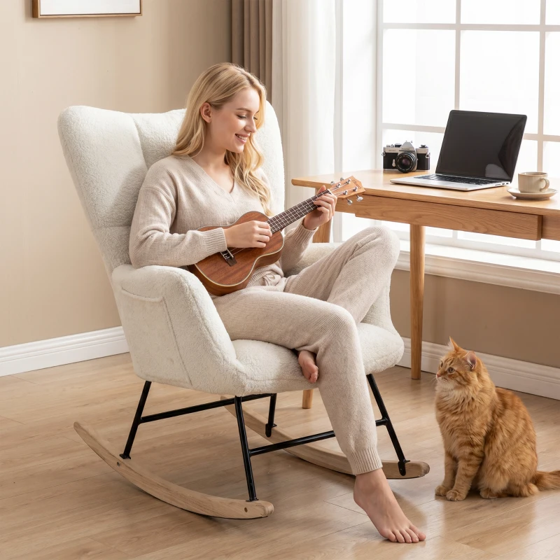 HOMCOM Rocking Chair, Teddy Fleece Rocker Chair with Tufted Wingback, Side Pockets, Rubber Wood Legs, Cream White