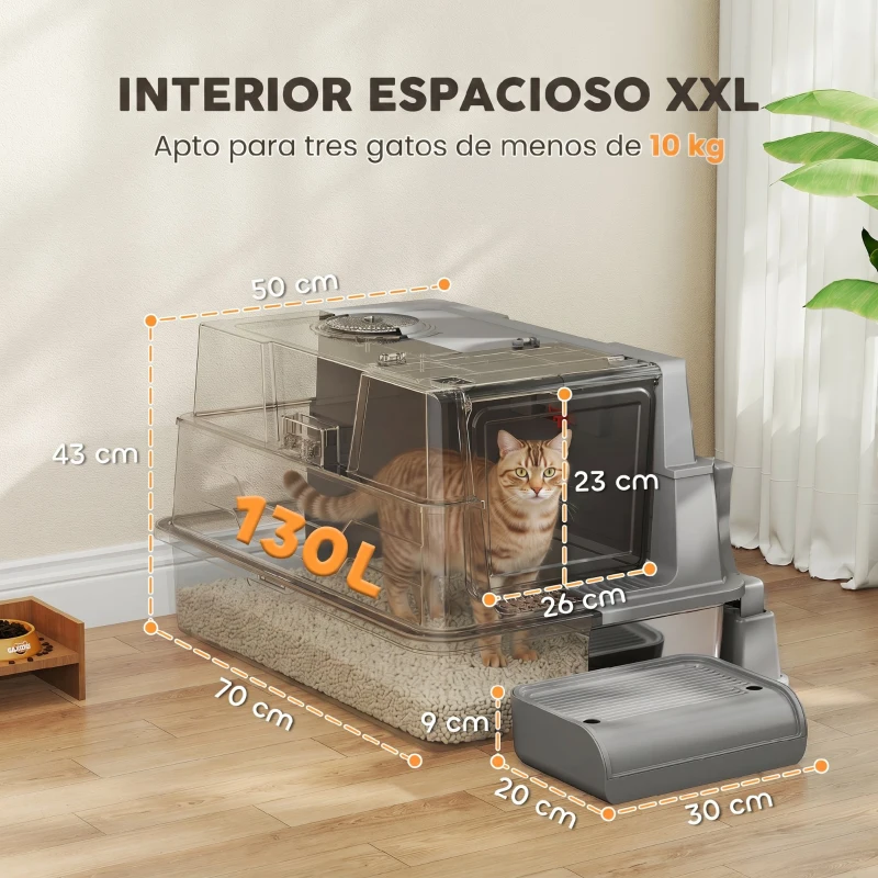 PawHut Arenero XXL de Acero Inoxidable de 130L con Tapa Abatible de 180° Laterales Altos con Pala y Pedal 70x50x43 cm Gris