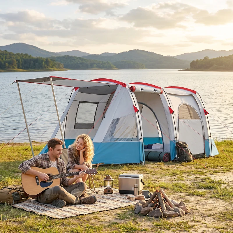 Outsunny 3 Person Tunnel Tent, Large Camping Tent with Bedroom, Living Room, Sewn-in Floor, 3 Doors, Carry Bag, 2000mm for Fishing, Hiking, Sports, Travelling, 510L x 240W x 180H cm, Blue