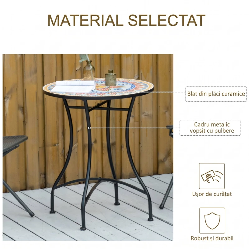 Outsunny Masa Rotunda Stil Bistro de 60 cm cu Mozaic pentru Gradina, Veranda, Exterior, Balcon, Gri