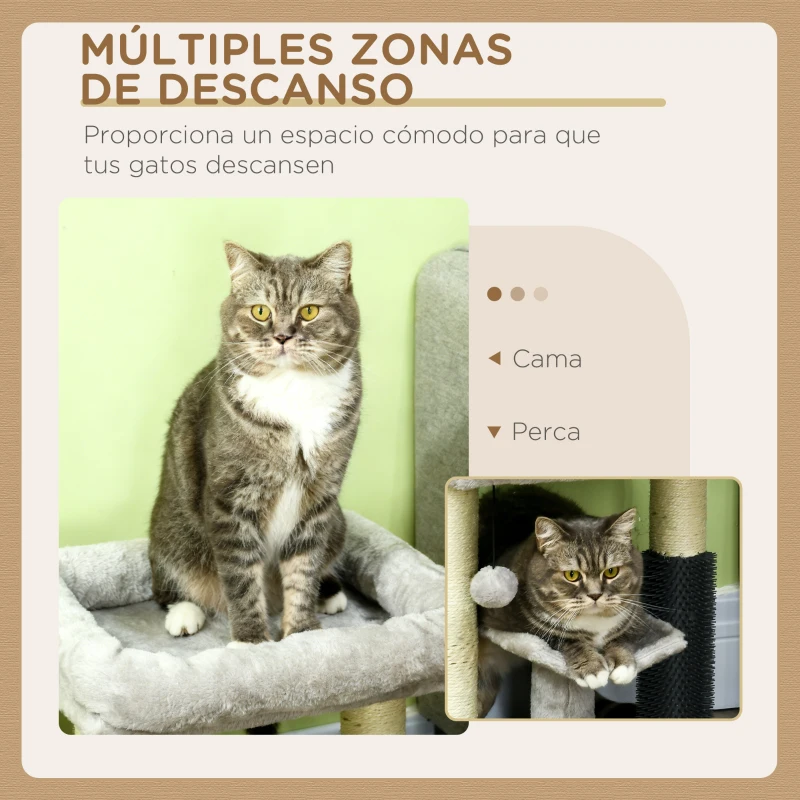 PawHut Árbol para Gatos con Cama Percha Poste Rascador de Sisal y Autolimpiador Diseño Moderno y Compacto 40x40x48 cm Gris