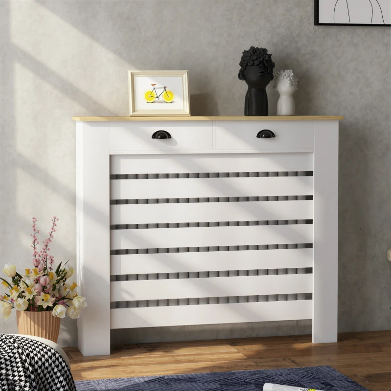 HOMCOM Cubre Radiadores de MDF con 2 Cajones Cubierta para Radiador para Salón Dormitorio Pasillo 111x19x95,5 cm Blanco