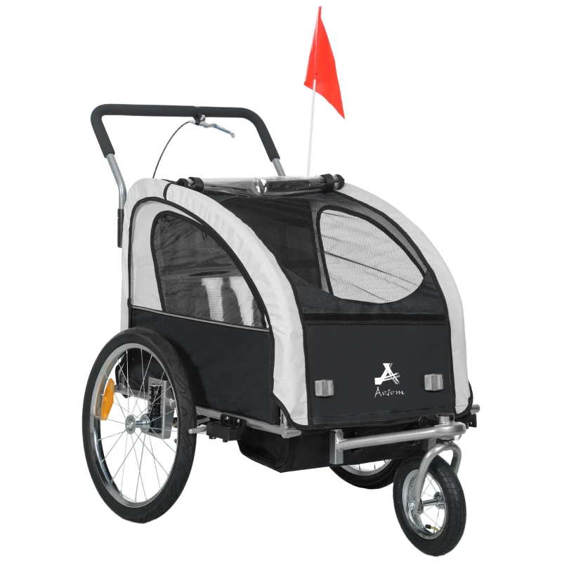 HOMCOM Remorque vélo enfant 2 en 1 avec ceinture de sécurité 5 points, réflecteurs, drapeau et rideau coupe-vent, noir